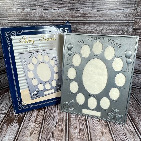 MY FIRST YEAR Baby Photo Picture Frame Brushed Nickel 13 Photo Openings NOB NEW - Picture 1 of 10